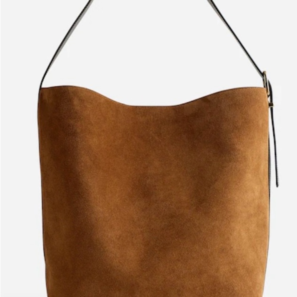 Madewell Extra-Large Essentials Aged Cognac Suede Black Leather Bucket Tote - Picture 2 of 16
